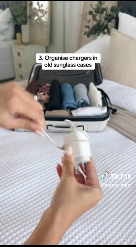 Travel case organizes chargers in old sunglasses cases
