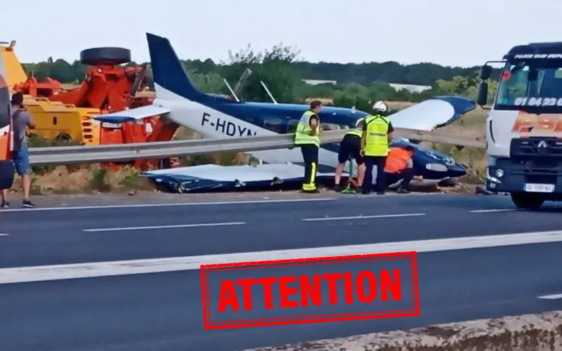 Atterrissage: Un avion termine sa course contre les barrières de sécurité d'une autoroute